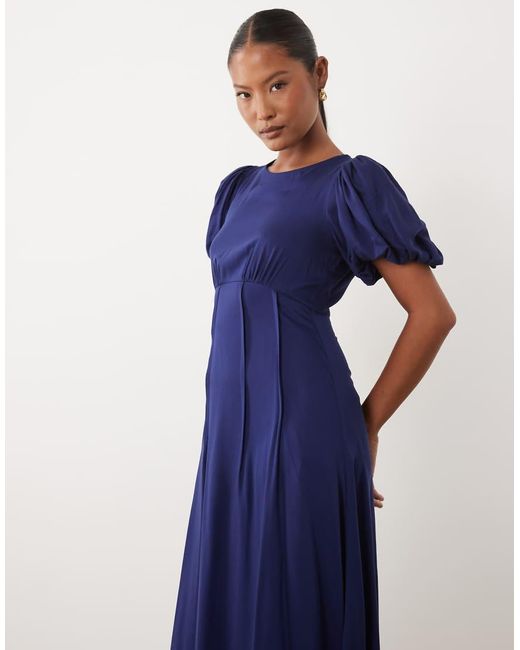 Nobody's Child Petite Blue Quinn Satin Puff Sleeve Midi Tea Dress