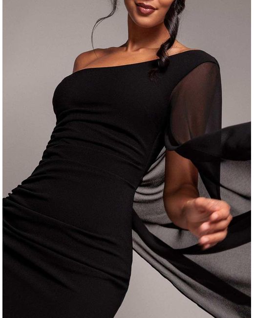 Goddiva Brown One Shoulder Cape Sculpting Stretch Jersey & Chiffon Maxi Dress