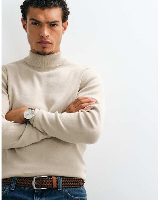 ASOS Natural Essential Knitted Lightweight Roll Neck Jumper for men