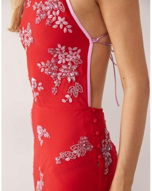 ASOS Red Ditsy Embellished Bias Semi Sheer Chiffon Maxi Dress With Open Back