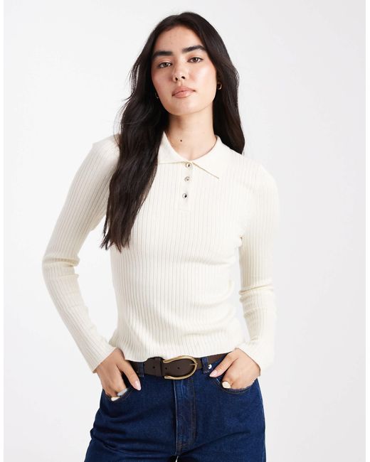 ONLY White Ribbed Long Sleeve Polo