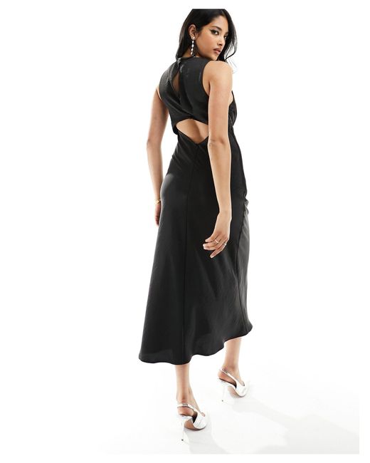 ASOS Black Satin Cut Out Midi Dress With Tie Front Detail