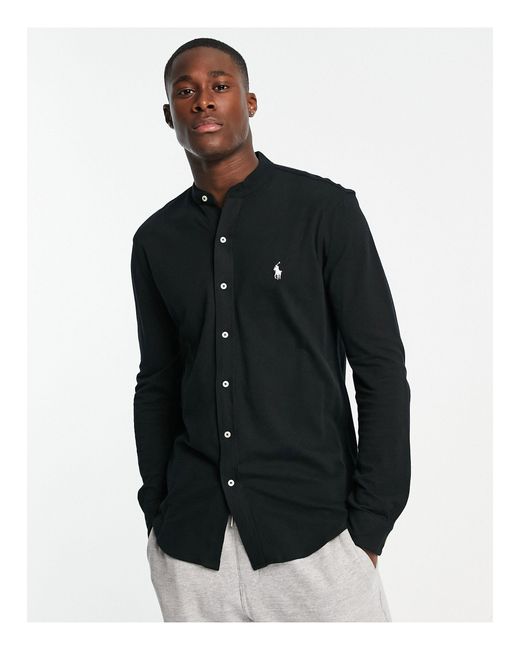 Polo Ralph Lauren Slim Fit Pique Grandad Shirt With Pony Logo in Black