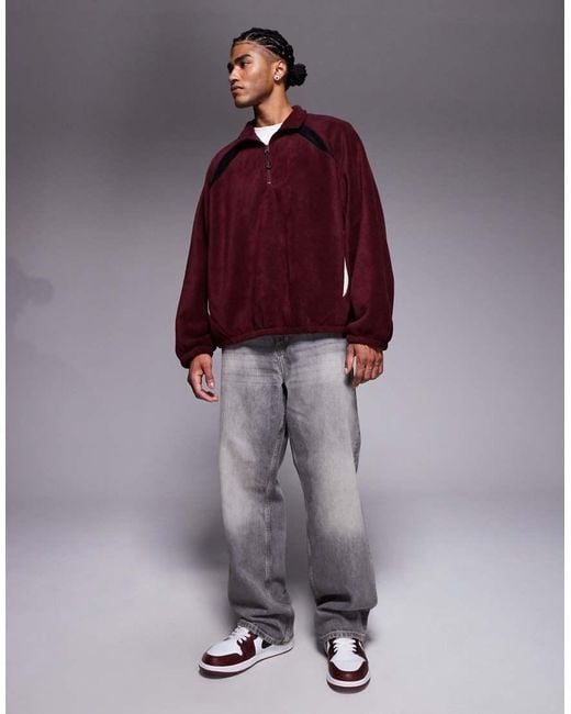 ASOS Red Extreme Oversized Quarter-zip Funnel Neck Fleece Sweatshirt With Raglan Sleeve for men