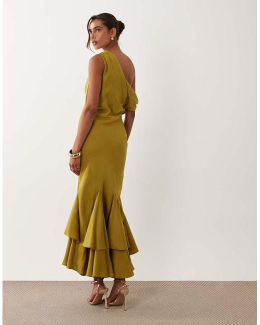 ASOS Green Fallen Shoulder Midaxi Dress With Asymmetric Godet Hem