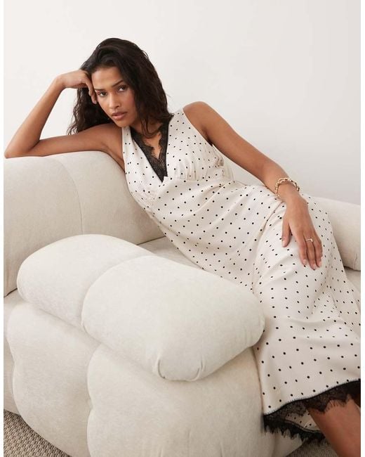 New Look Natural Polka Dot Satin Lace Midi Dress