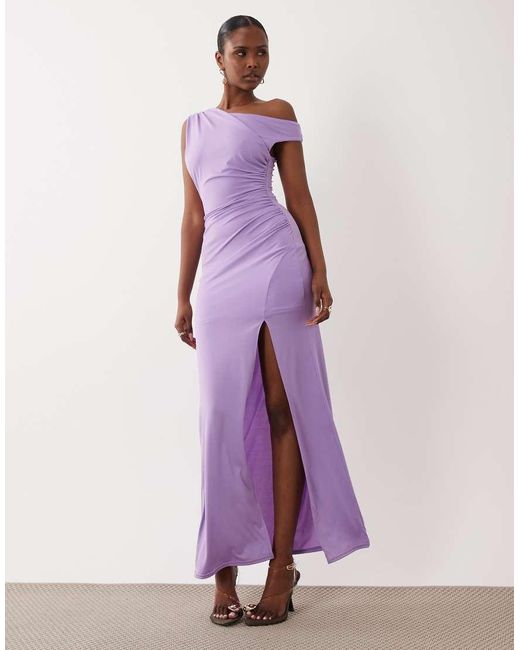 TFNC London Purple Slinky Fallen Shoulder Thigh Split Midaxi Dress