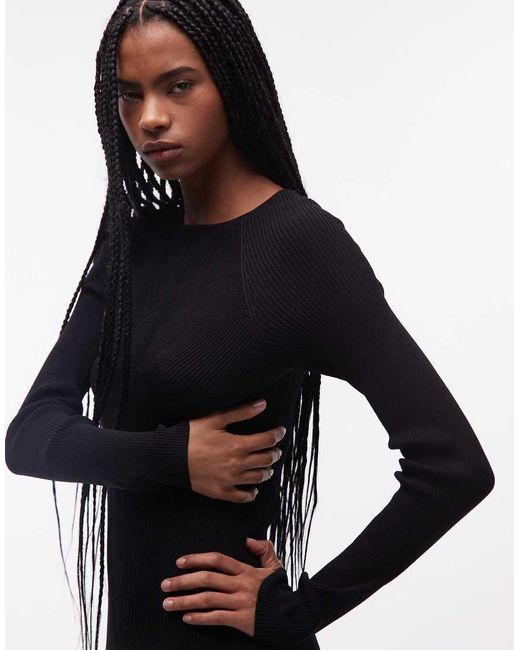 & Other Stories Black Ribbed Structured Knit Maxi Dress With Cuff Detail