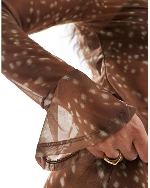 Pieces Brown Flare Sleeve Print Mesh Top Co-ord