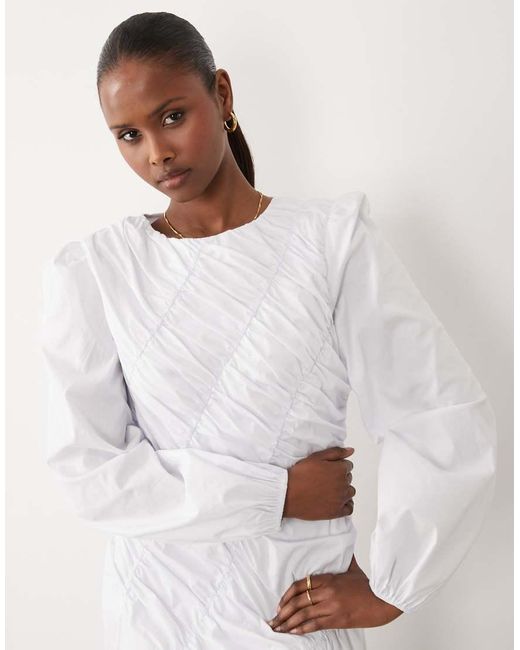 DASKA White Asymmetric Ruched Balloon Sleeve Maxi Dress