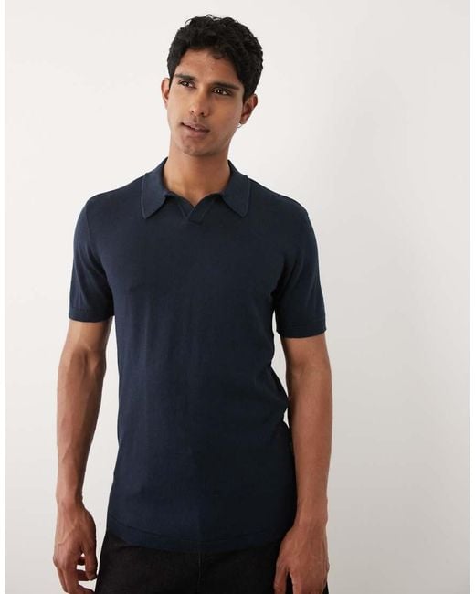 Blend Blue Cotton-mix Knitted Open Collar Regular Fit Polo for men