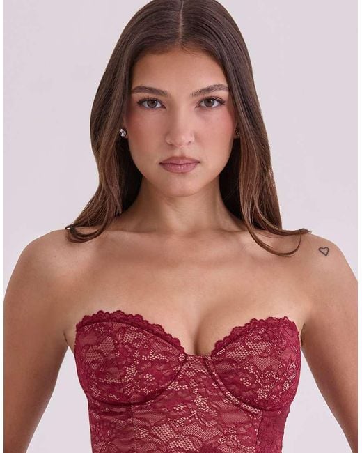 House Of Cb Red Yara Wine Lace Strapless Corset Top