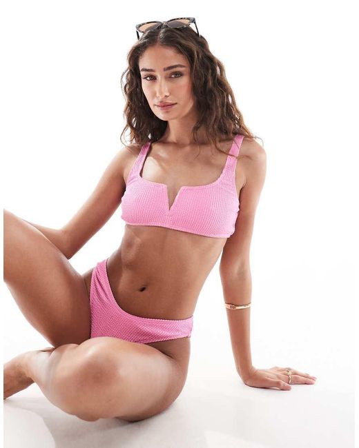 The Frolic Pink Exclusive V Front Detail Crinkle Bikini Top Co-ord