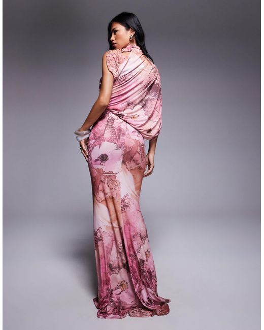 ASOS Pink – drapiertes maxikleid mit blumenmuster, cape-detail und one-shoulder-träger