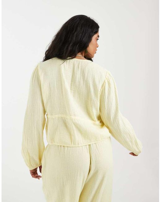 Pieces Plus Yellow Pieces Curve Crinkle Cotton Tie Front Long Sleeve Top