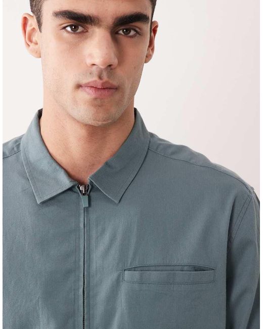 ASOS Blue Relaxed Zip Up Ribbed Shirt for men