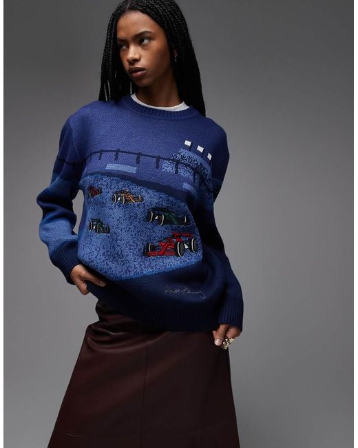 House Of Sunny Blue Race Day Oversized Jacquard Knit Crew