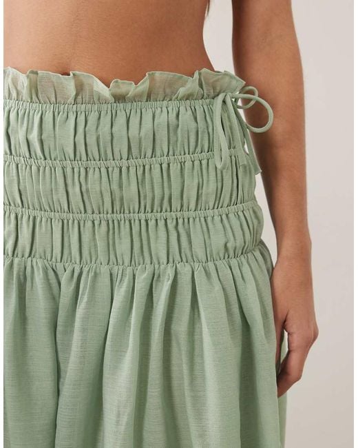 Wanderdoll Green Soulie Linen Look Shirred Dropped Waist Tie Detail Maxi Skirt Co-ord