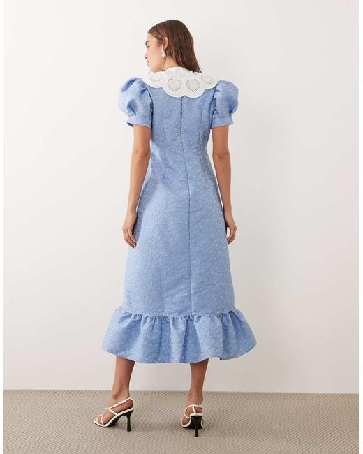 Sister Jane Blue Alice Jacquard Frill Hem Midi Dress With Removable Lace Collar