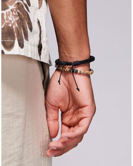 ASOS Black Festival Leather And Wood Beaded 2 Pack Bracelet for men