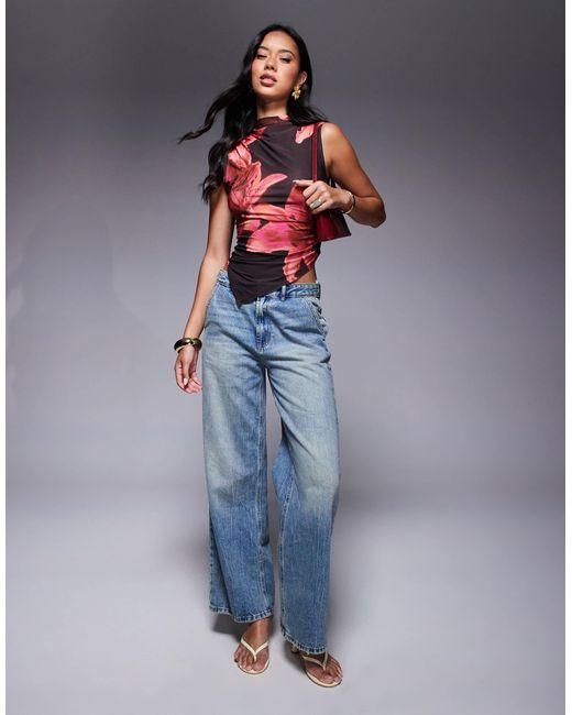 Top d'ensemble froncé près du corps à ourlet asymétrique et col montant - imprimé fleurs ASOS en coloris Blue