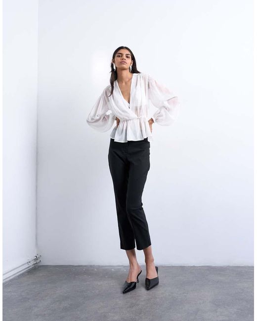 TOPSHOP Gray Chiffon Sheer Panel Long Sleeve Blouse