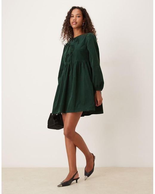 Nobody's Child Green Eden Cord Triple Bow Smock Mini Dress