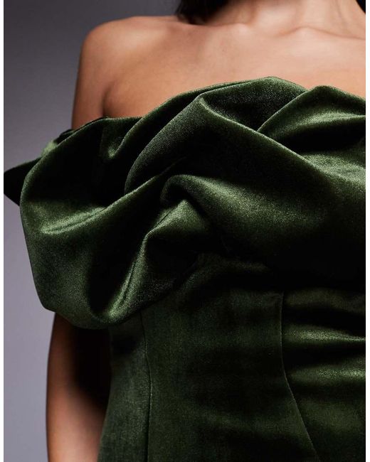 ASOS Green Bonded Velvet Bandeau Structured Midi Dress With Ruffle Bodice Detail