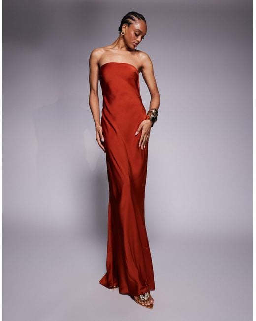 ASOS Red Asos Design Tall Satin Trapeze Bandeau Maxi Dress With Bow Back Detail