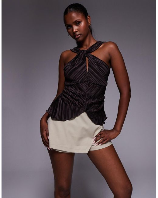 ASOS Brown Plisse Halter Neck Top With Knot And Split Detail