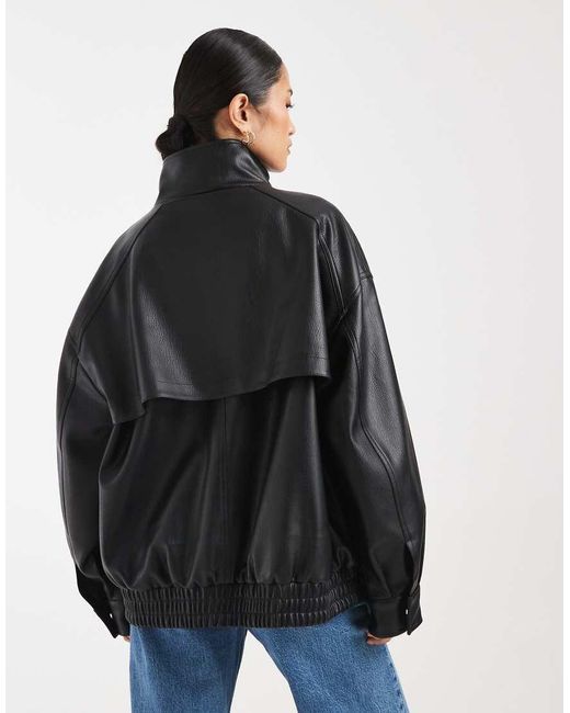 ASOS Black Oversized Leather Look Funnel Bomber Jacket
