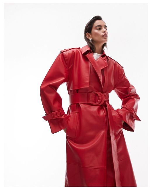 TOPSHOP Red Long-line Faux Leather Trench Coat
