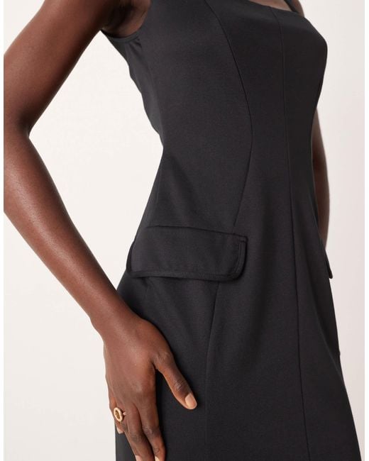 ASOS Black Square Neck Seamed Workwear Midi
