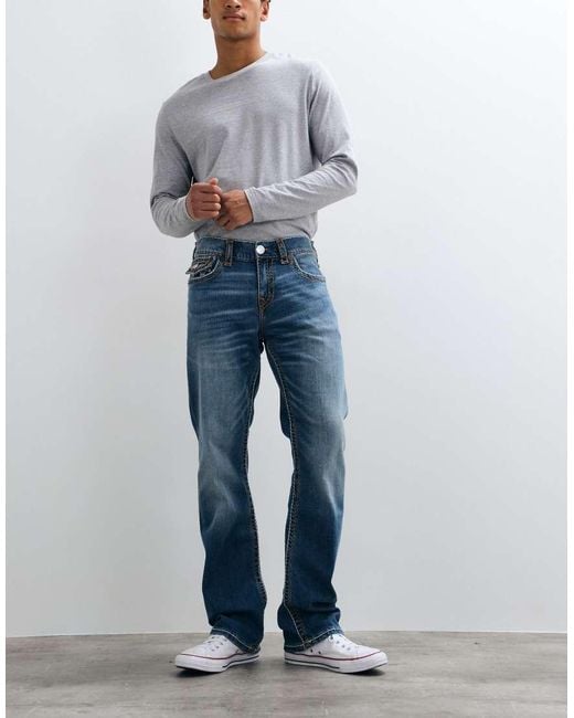 True Religion Gray Ricky Straight Fit Ropestitch Flap Pocket Denim Jeans for men