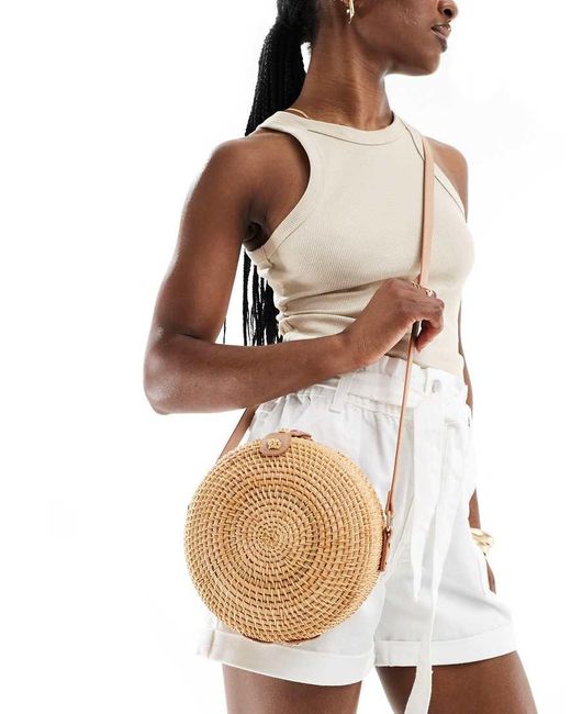 ASOS Natural Straw Round Rattan Crossbody Bag-neutral
