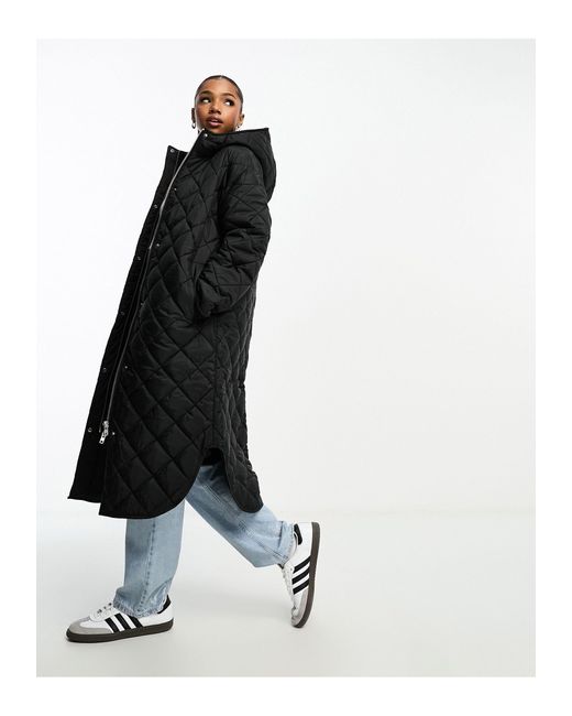 Monki White Long Quilted Coat With Hood