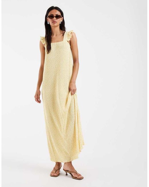 Pieces Natural Plisse Maxi Dress With Frill Sleeves