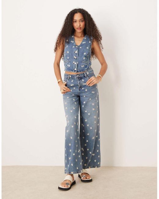 Mango Blue Daisy Embroidered Denim Waistcoat Co-ord