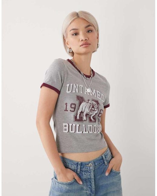 Noisy May Gray Ringer Tee With Varsity Bulldog Print