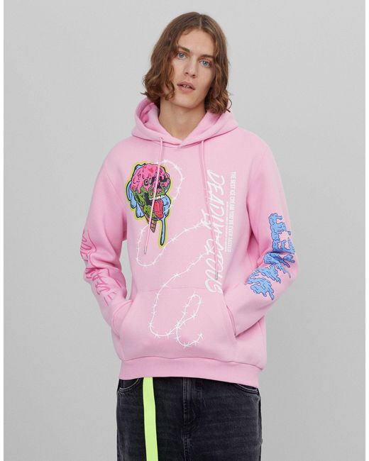 Bershka Pink Graphic Hoodie With Chest & Back Print for men