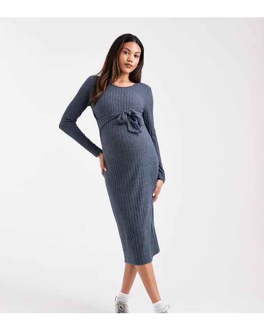 Mama.licious Blue Mamalicious Maternity Long Sleeve Tie Front Midi Dress