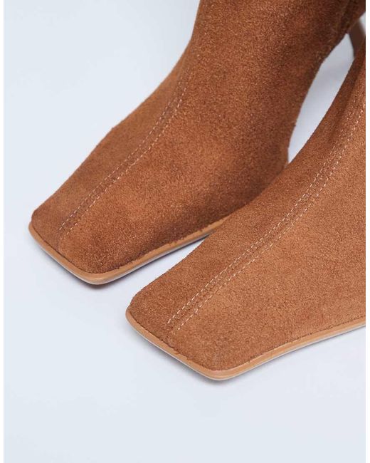 TOPSHOP Brown Scarlett Premium Suede Leather Square Toe Knee High Boot
