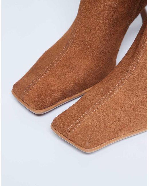 Botas Por La Rodilla Tostadas Con Puntera Cuadrada De Ante Premium Scarlett De TOPSHOP de color Brown