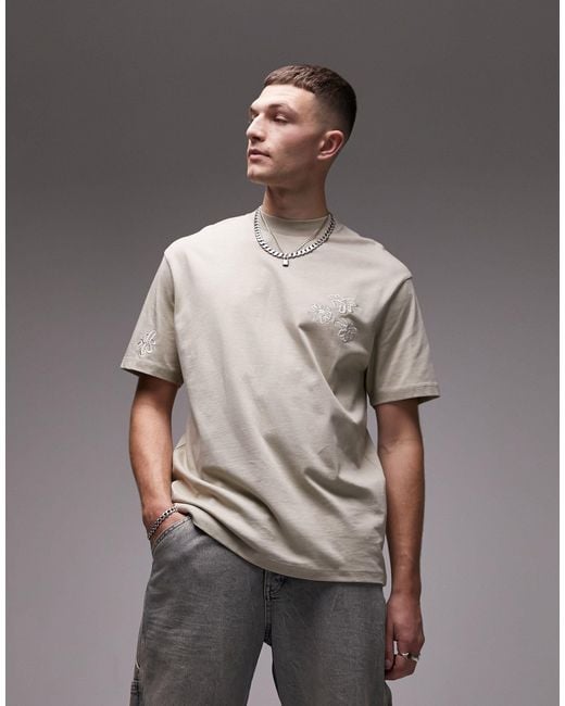 Topman Gray Oversized Fit T-shirt With Floral Placement Embroidery for men