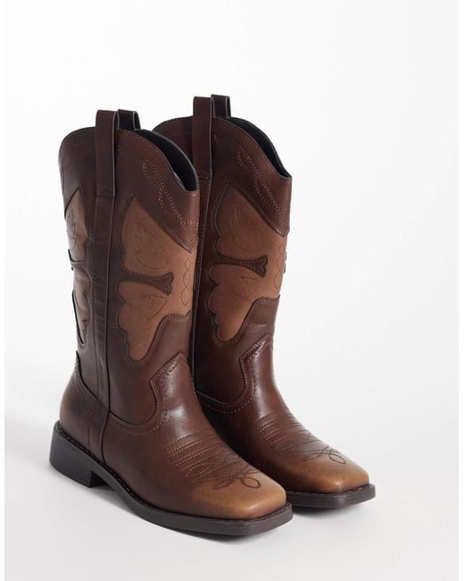 Glamorous Brown Square Toe Western Knee Boots