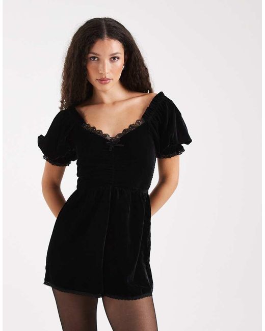 Miss Selfridge Black Velvet Puff Sleeve Playsuit