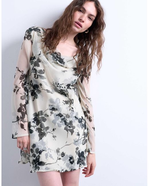 TOPSHOP White Long Sleeve Cowl Neck Mini Tea Dress