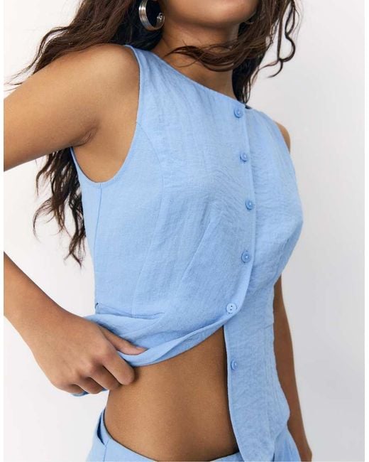 Stradivarius Blue Sleeveless Buttoned Top