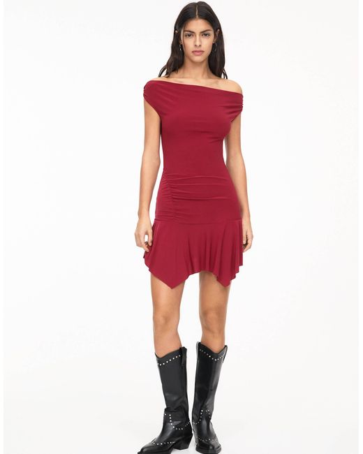 Pull&Bear Red Asymmetric Hem Bardot Mini Dress