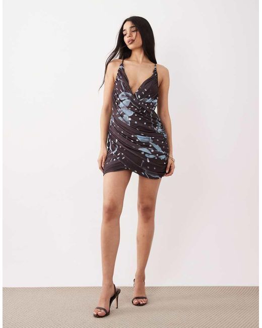 ASOS Pink Printed Mesh Cross Front Draped Mini Dress